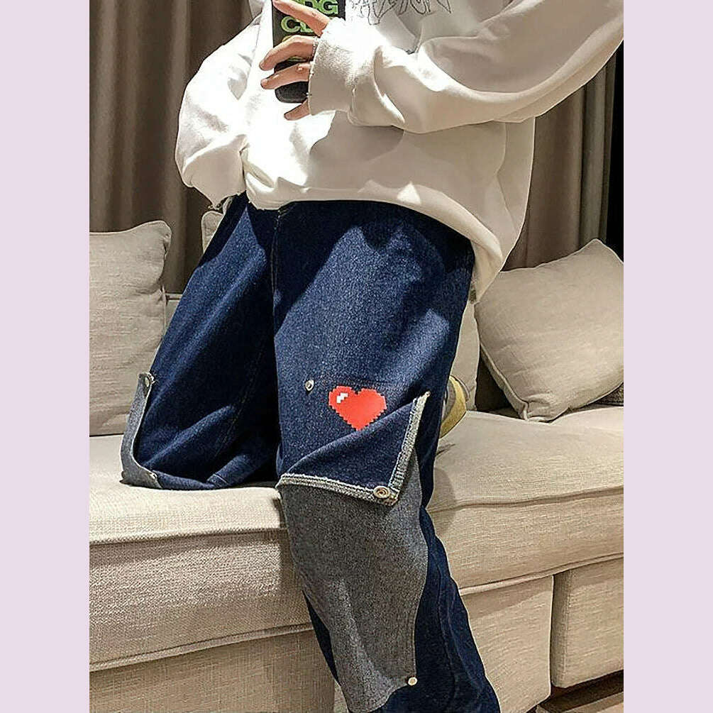 Harajuku Wide Leg Baggy Jeans Pants Men Love Heart Oversize Straight Denim Buttton Cargo Long Trousers Streetwear Student New - KIMLUD