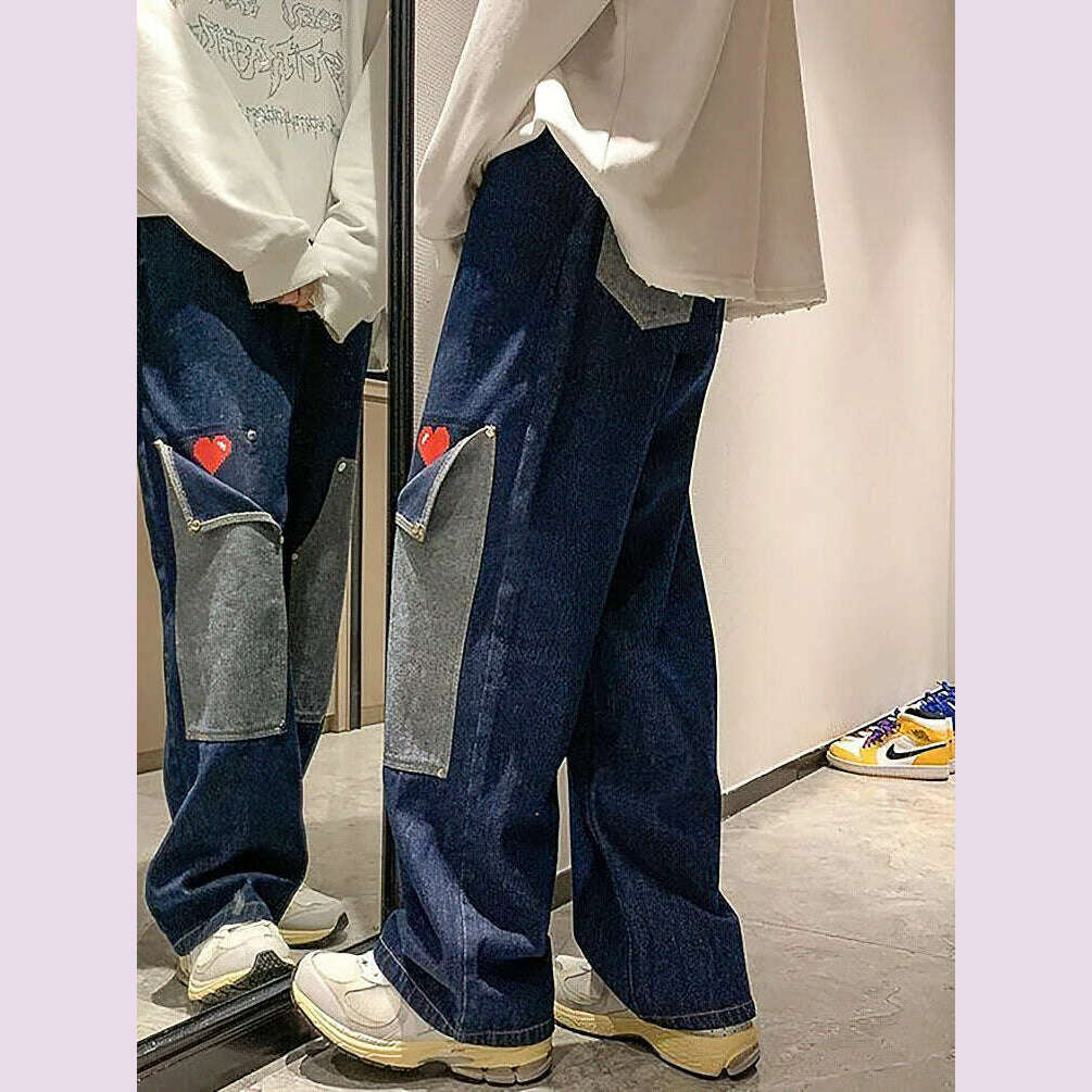 Harajuku Wide Leg Baggy Jeans Pants Men Love Heart Oversize Straight Denim Buttton Cargo Long Trousers Streetwear Student New - KIMLUD