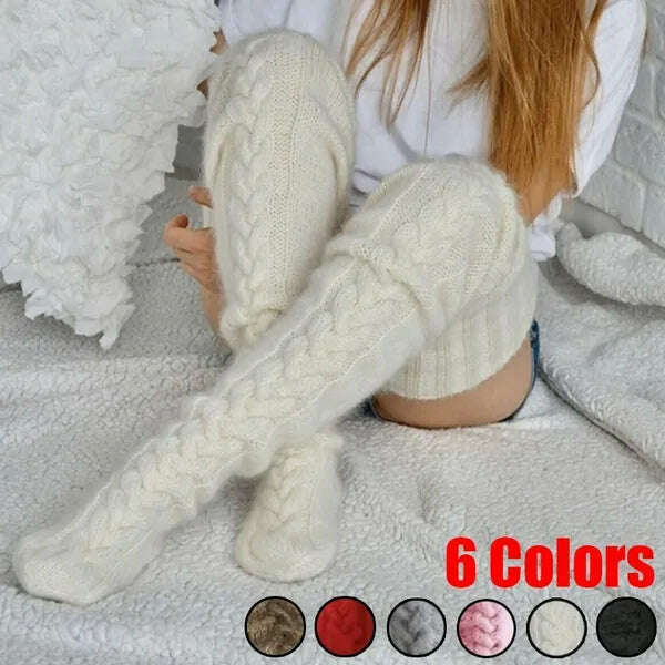 Harajuku Women Girls Wool Stockings Winter Warm Knitted Over Knee Socks Leg Warmer Female Thigh Sexy Long Stockings Leg Warmers - KIMLUD