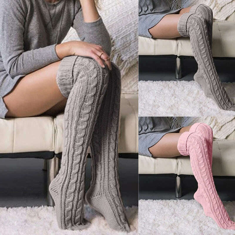 Harajuku Women Girls Wool Stockings Winter Warm Knitted Over Knee Socks Leg Warmer Female Thigh Sexy Long Stockings Leg Warmers - KIMLUD