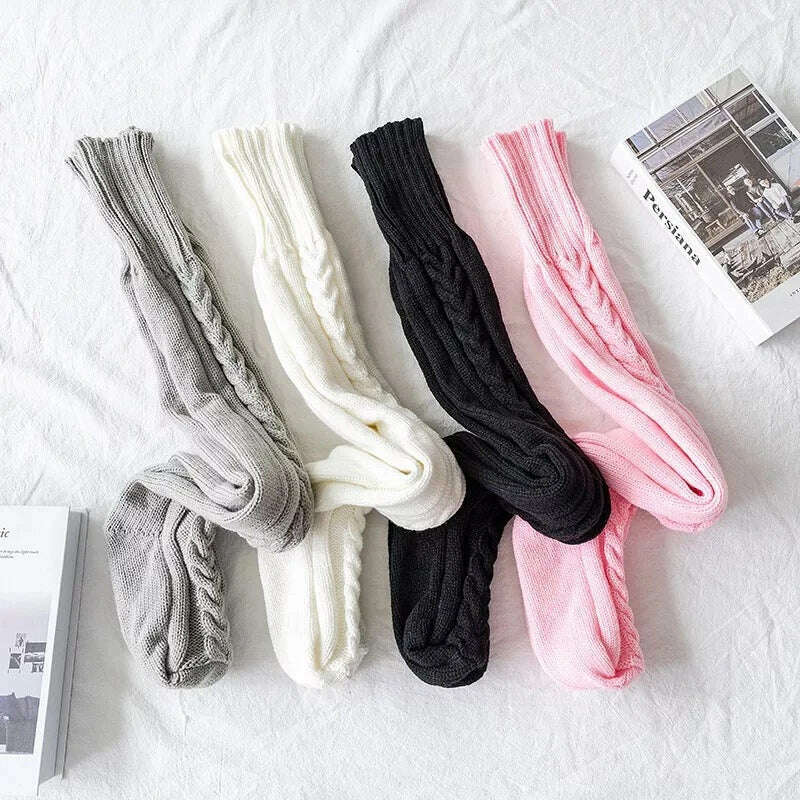 Harajuku Women Girls Wool Stockings Winter Warm Knitted Over Knee Socks Leg Warmer Female Thigh Sexy Long Stockings Leg Warmers - KIMLUD