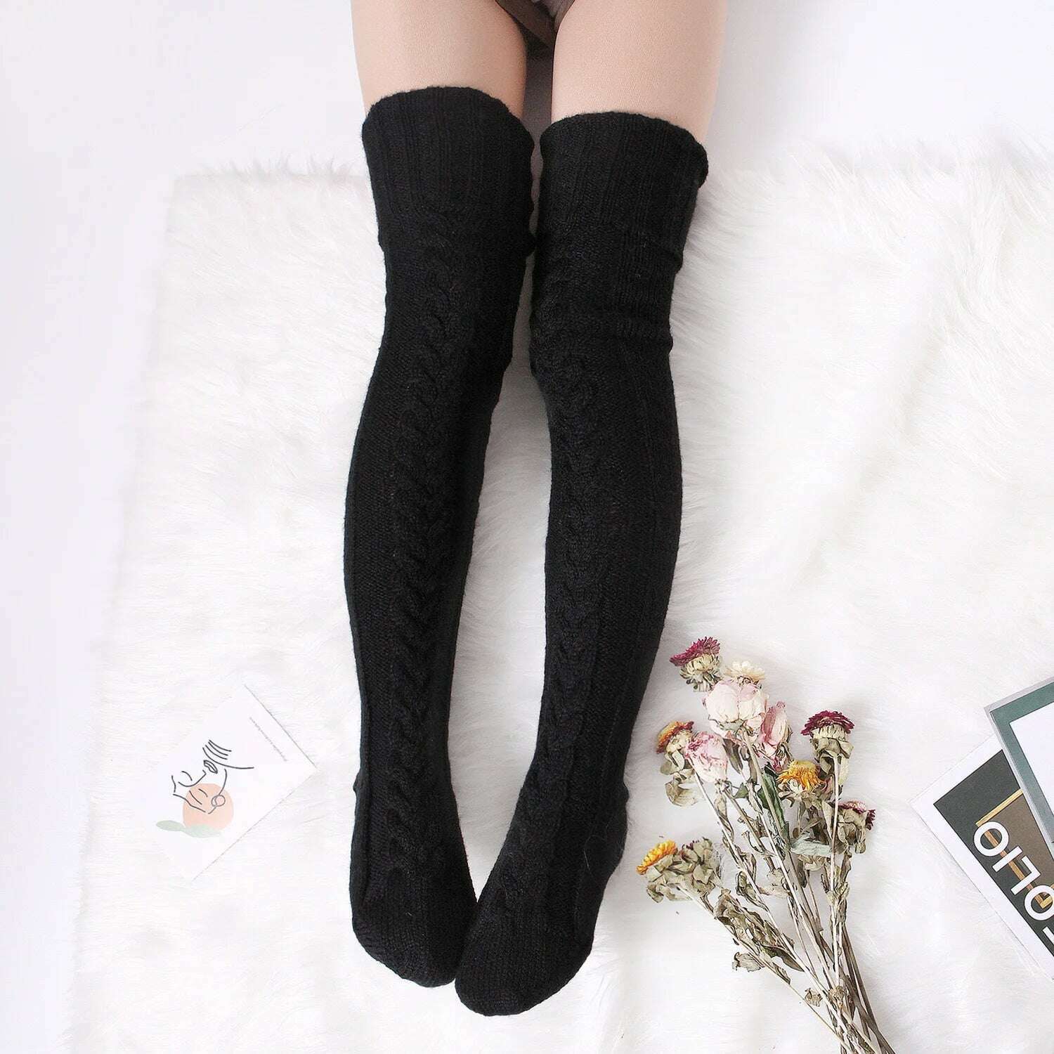 Harajuku Women Girls Wool Stockings Winter Warm Knitted Over Knee Socks Leg Warmer Female Thigh Sexy Long Stockings Leg Warmers - KIMLUD