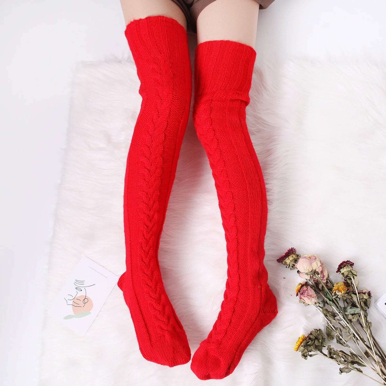 Harajuku Women Girls Wool Stockings Winter Warm Knitted Over Knee Socks Leg Warmer Female Thigh Sexy Long Stockings Leg Warmers - KIMLUD