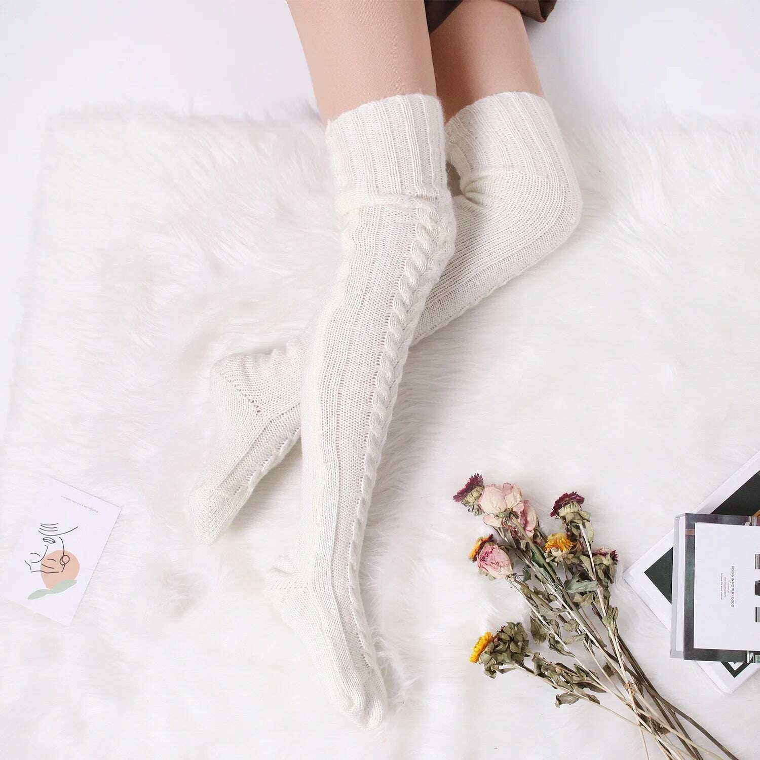 Harajuku Women Girls Wool Stockings Winter Warm Knitted Over Knee Socks Leg Warmer Female Thigh Sexy Long Stockings Leg Warmers - KIMLUD