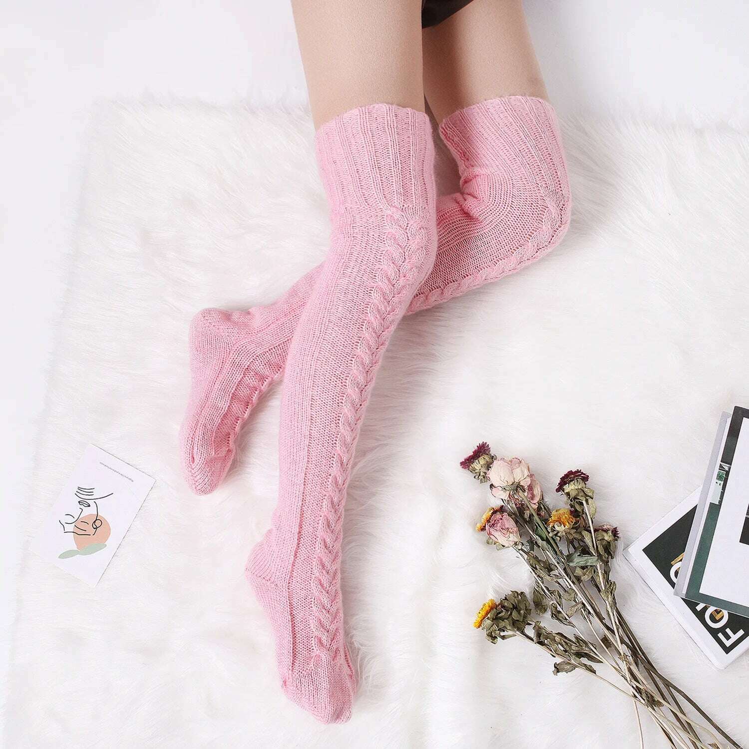Harajuku Women Girls Wool Stockings Winter Warm Knitted Over Knee Socks Leg Warmer Female Thigh Sexy Long Stockings Leg Warmers - KIMLUD