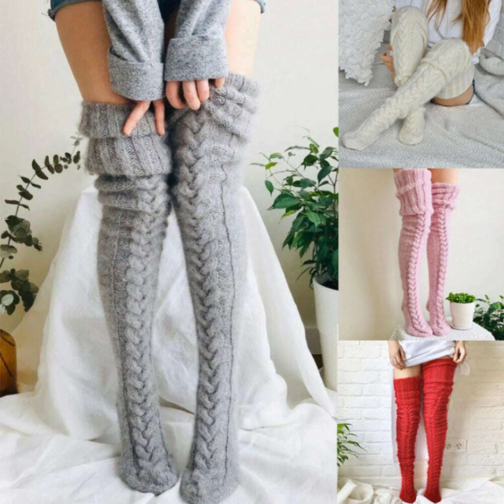Harajuku Women Girls Wool Stockings Winter Warm Knitted Over Knee Socks Leg Warmer Female Thigh Sexy Long Stockings Leg Warmers - KIMLUD