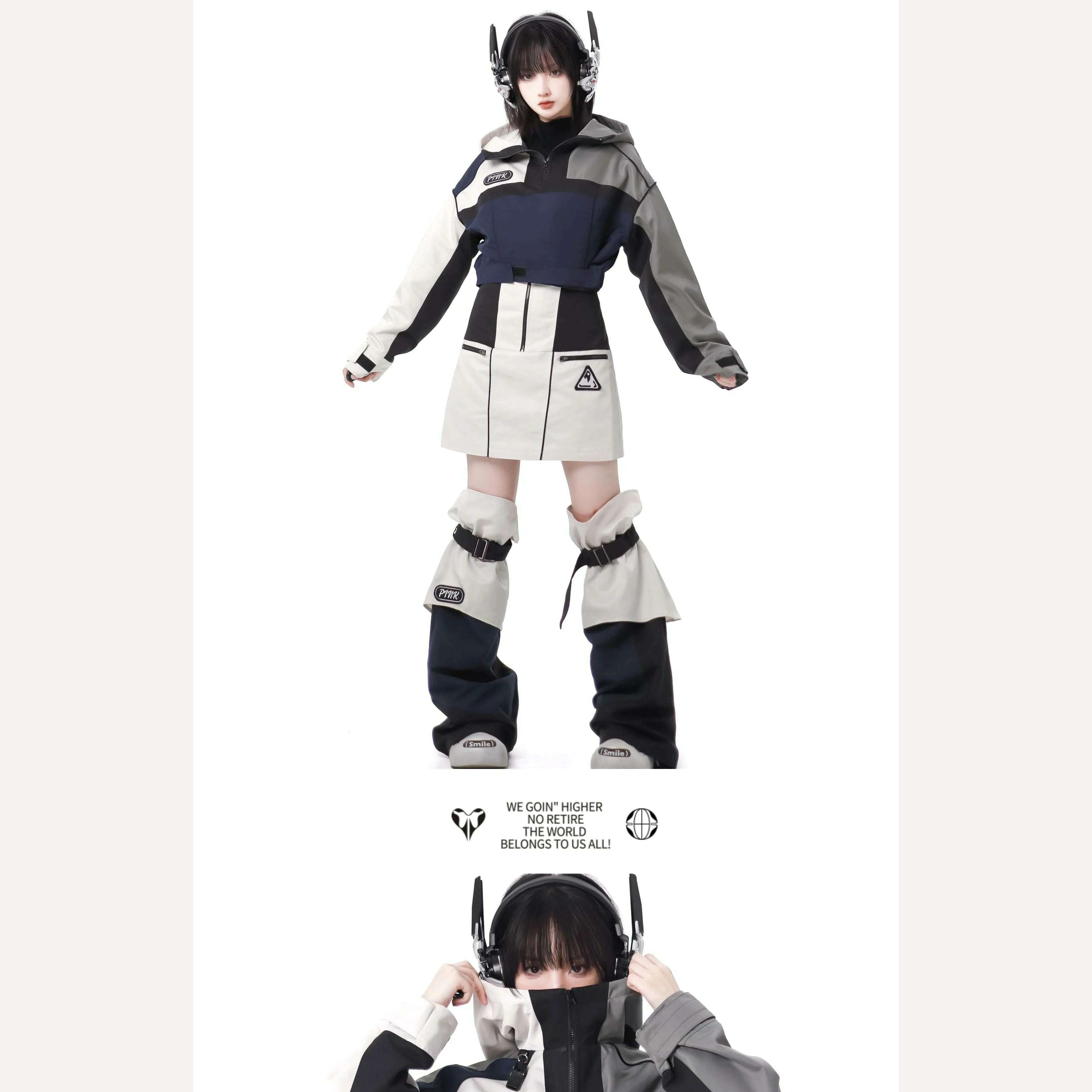KIMLUD, Harajuku Y2g Color Matching Sweet Cool Girl Hooded Coat Skirt Sets Loose Slim Suspender Skirt Street Punk Hot Girl Two-Piece Set, KIMLUD Womens Clothes