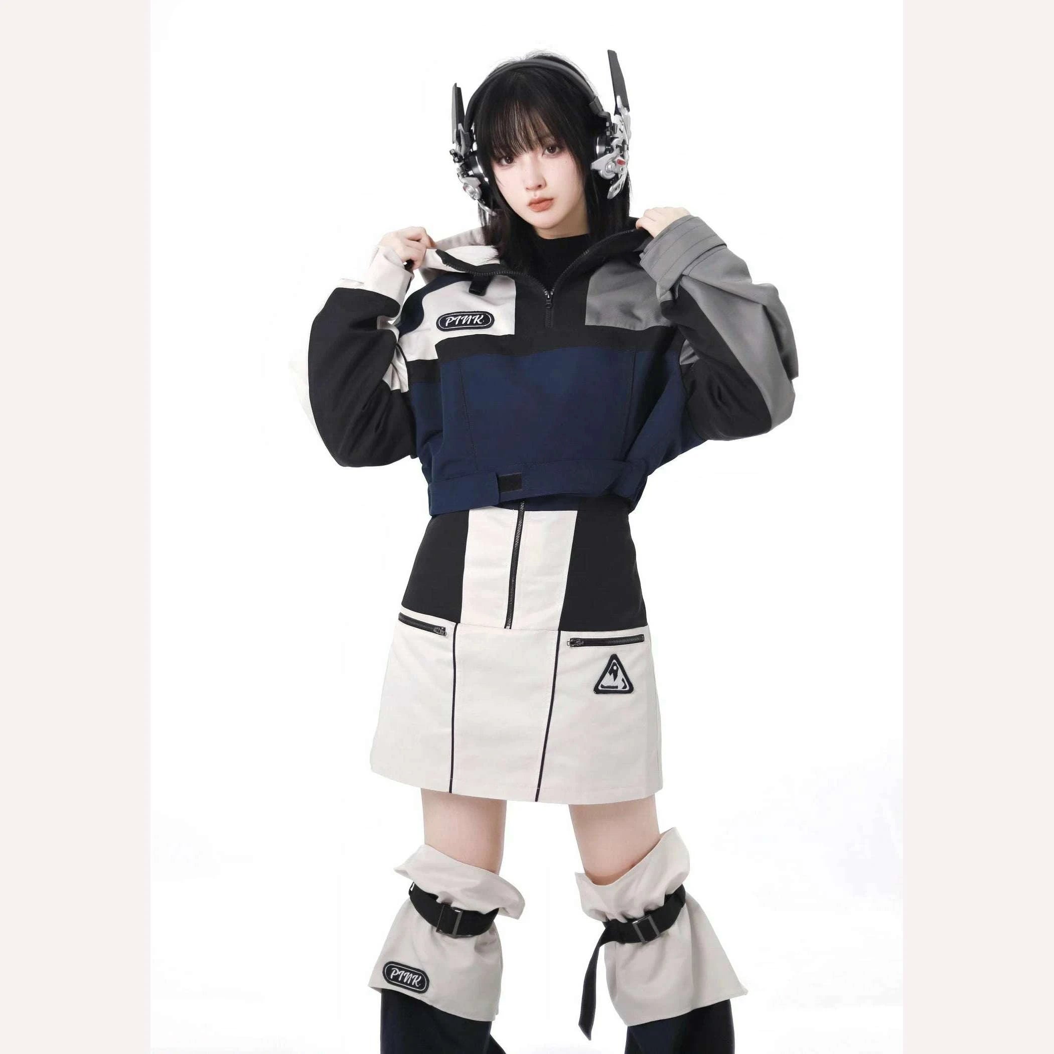 KIMLUD, Harajuku Y2g Color Matching Sweet Cool Girl Hooded Coat Skirt Sets Loose Slim Suspender Skirt Street Punk Hot Girl Two-Piece Set, KIMLUD Womens Clothes