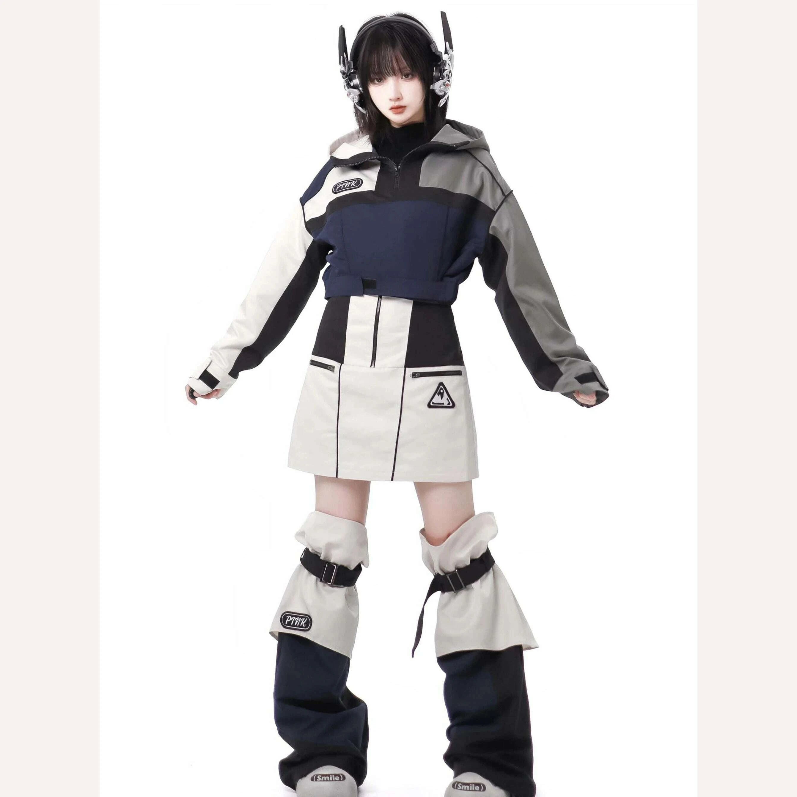 KIMLUD, Harajuku Y2g Color Matching Sweet Cool Girl Hooded Coat Skirt Sets Loose Slim Suspender Skirt Street Punk Hot Girl Two-Piece Set, KIMLUD Womens Clothes