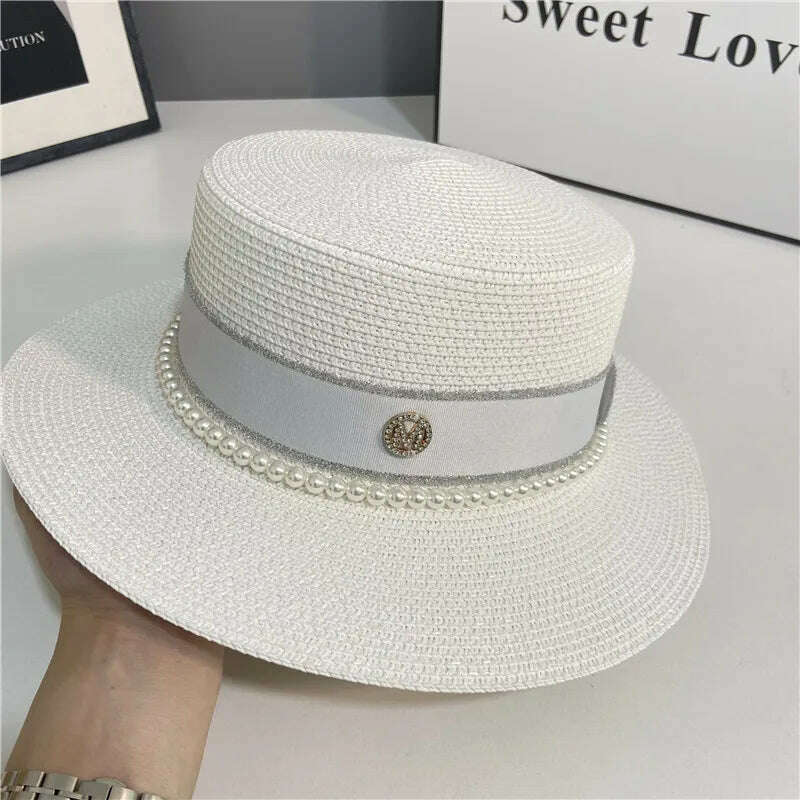 KIMLUD, hats for women pearl top hat french summer sun protection wedding wide brim straw hat women floppy beach hat chapeu feminino, KIMLUD Womens Clothes