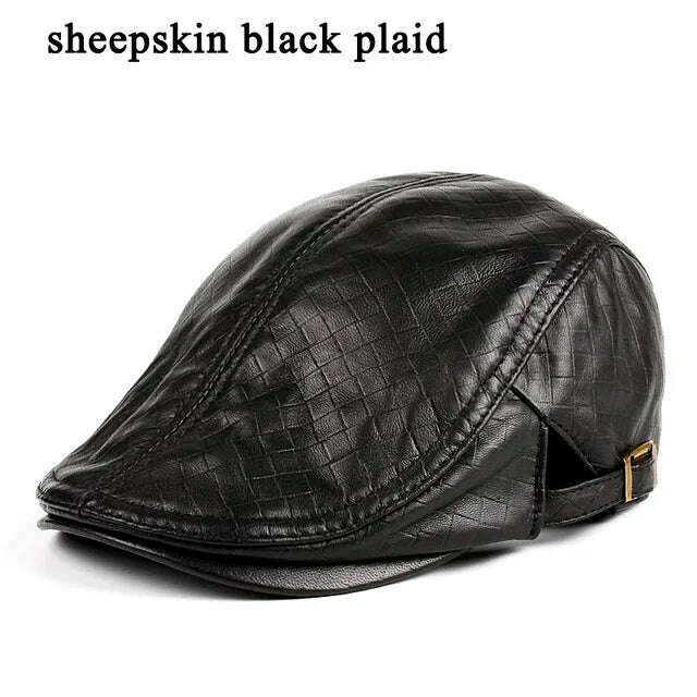 KIMLUD, Hats Men Genuine Leather Beret Male Thin Hats 55-61 cm Adjustable Forward Cap Leisure Duckbill Casquette Golf The Driver, brown plaid / L 55 56cm, KIMLUD APPAREL - Womens Clothes