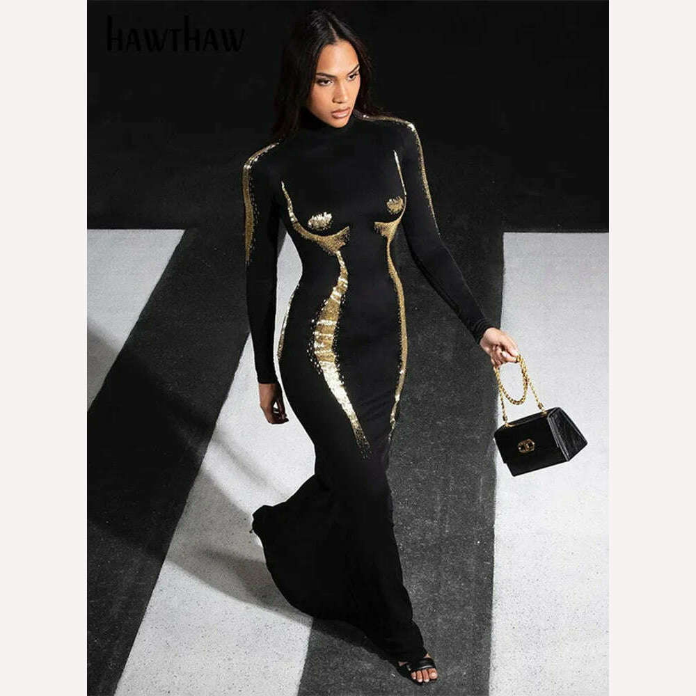 KIMLUD, Hawthaw Women 2023 Autumn Winter Fashion Long Sleeve Party Club Streetwear Bodycon Black Long Dress Wholesale Items For Business, KIMLUD Womens Clothes