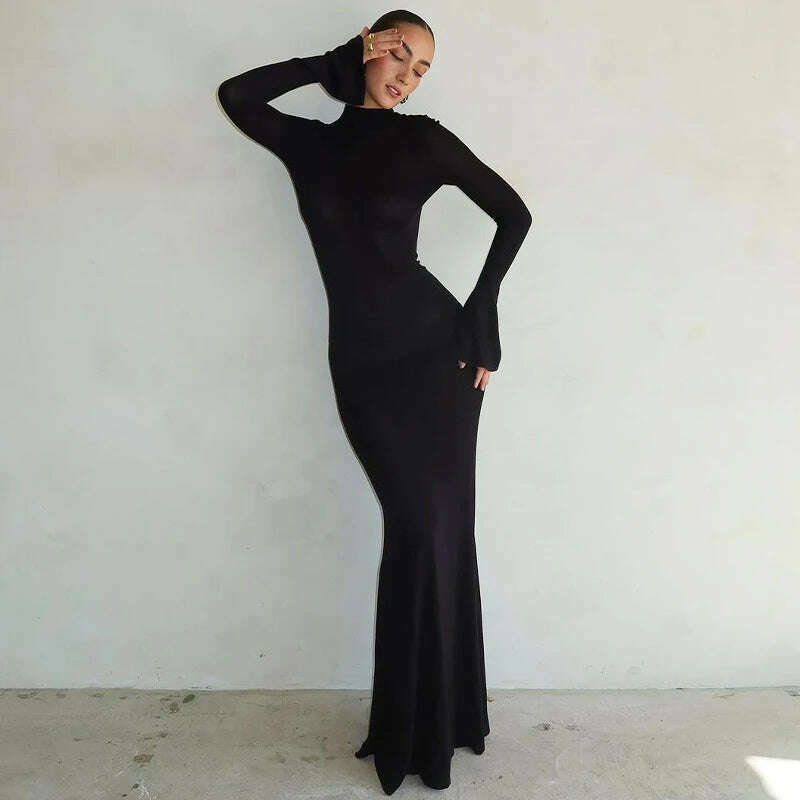 KIMLUD, Hawthaw Women 2023 Autumn Winter Long Sleeve Party Club Streetwear Bodycon Black Long Dress Wholesale Items For Business, black / L, KIMLUD APPAREL - Womens Clothes