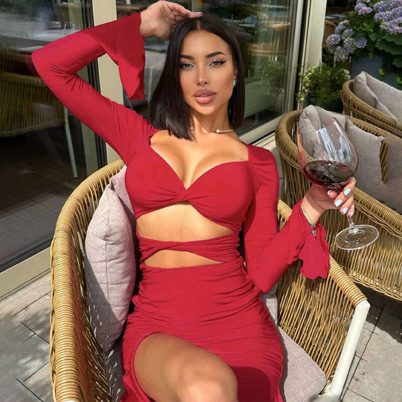 KIMLUD, Hawthaw Women 2023 Autumn Winter Long Sleeve Party Club Streetwear Bodycon Red Short Mini Dress Wholesale Items For Business, KIMLUD Women's Clothes