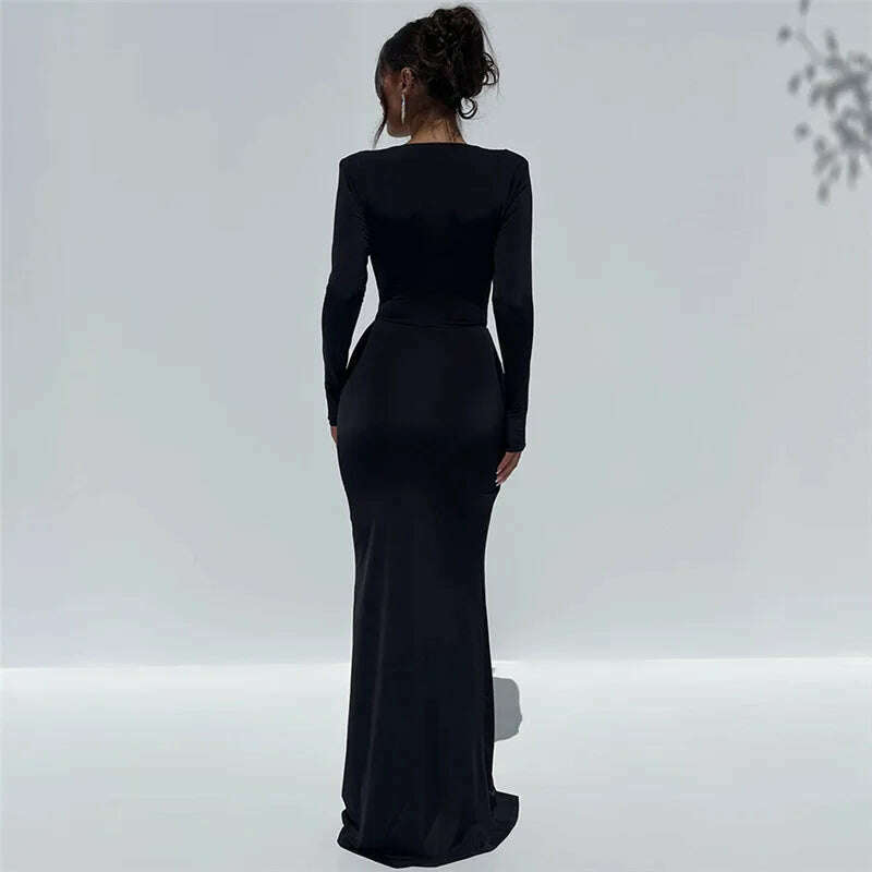 KIMLUD, Hawthaw Women 2023 Autumn Winter Long Sleeve V Neck Party Club Streetwear Bodycon Black Long Dress Wholesale Items For Business, KIMLUD Womens Clothes