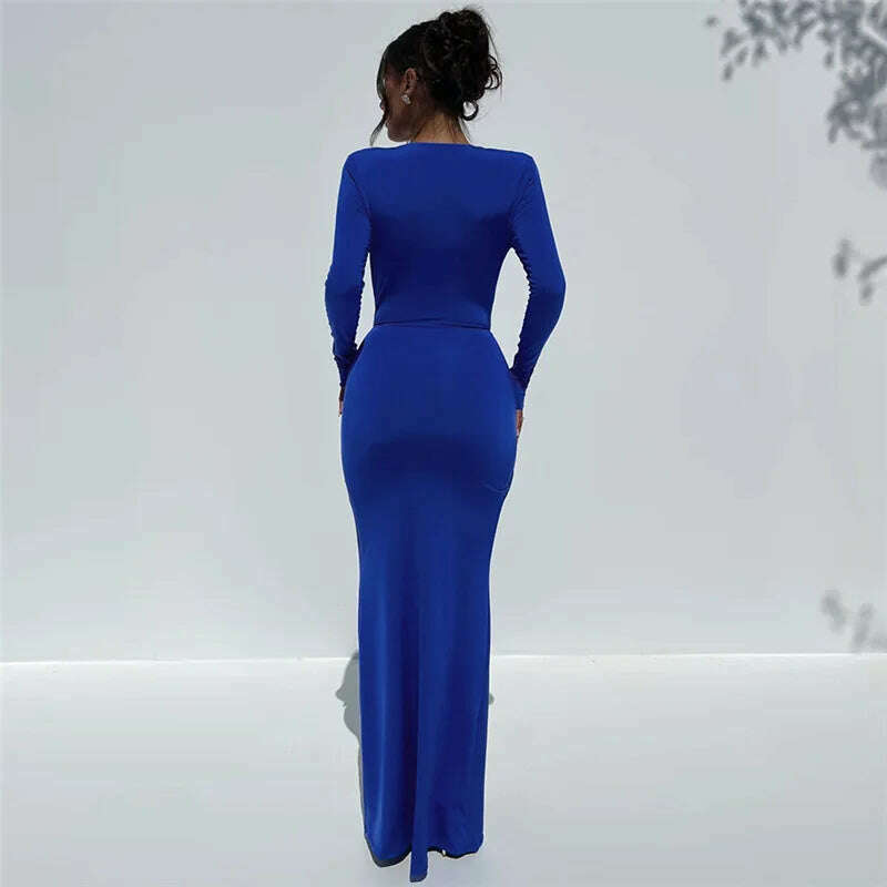 KIMLUD, Hawthaw Women 2023 Autumn Winter Long Sleeve V Neck Party Club Streetwear Bodycon Black Long Dress Wholesale Items For Business, KIMLUD Womens Clothes