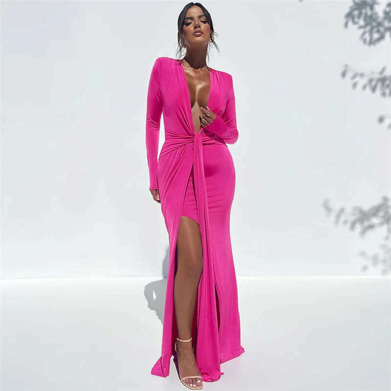 KIMLUD, Hawthaw Women 2023 Autumn Winter Long Sleeve V Neck Party Club Streetwear Bodycon Black Long Dress Wholesale Items For Business, KIMLUD Womens Clothes