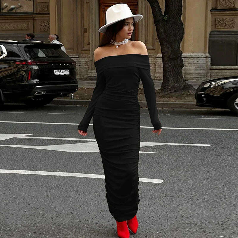 KIMLUD, Hawthaw Women 2024 Spring Autumn Fashion Long Sleeve Party Club Streetwear Bodycon Red Long Dress Wholesale Items For Business, black / S, KIMLUD Womens Clothes
