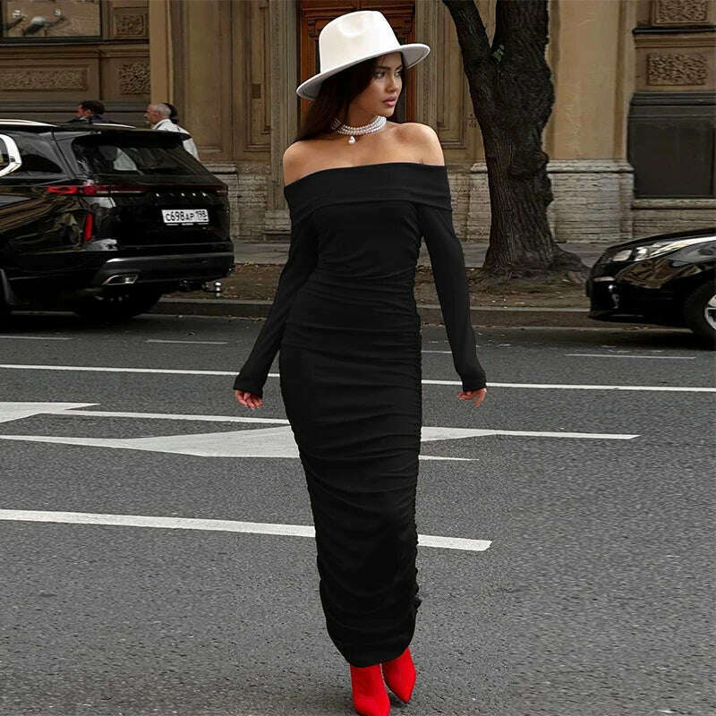 KIMLUD, Hawthaw Women 2024 Spring Autumn Fashion Long Sleeve Party Club Streetwear Bodycon Red Long Dress Wholesale Items For Business, black / S, KIMLUD APPAREL - Womens Clothes
