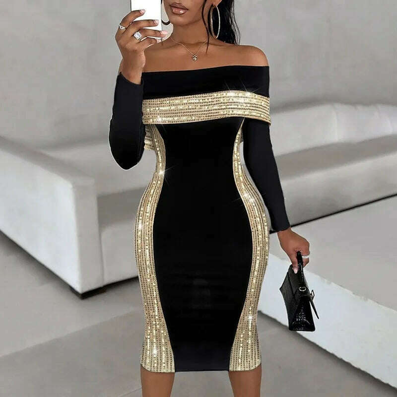 KIMLUD, Hawthaw Women 2024 Spring Autumn Long Sleeve Party Club Evening Streetwear Black Midi Dress Wholesale Items For Business, black / S, KIMLUD APPAREL - Womens Clothes