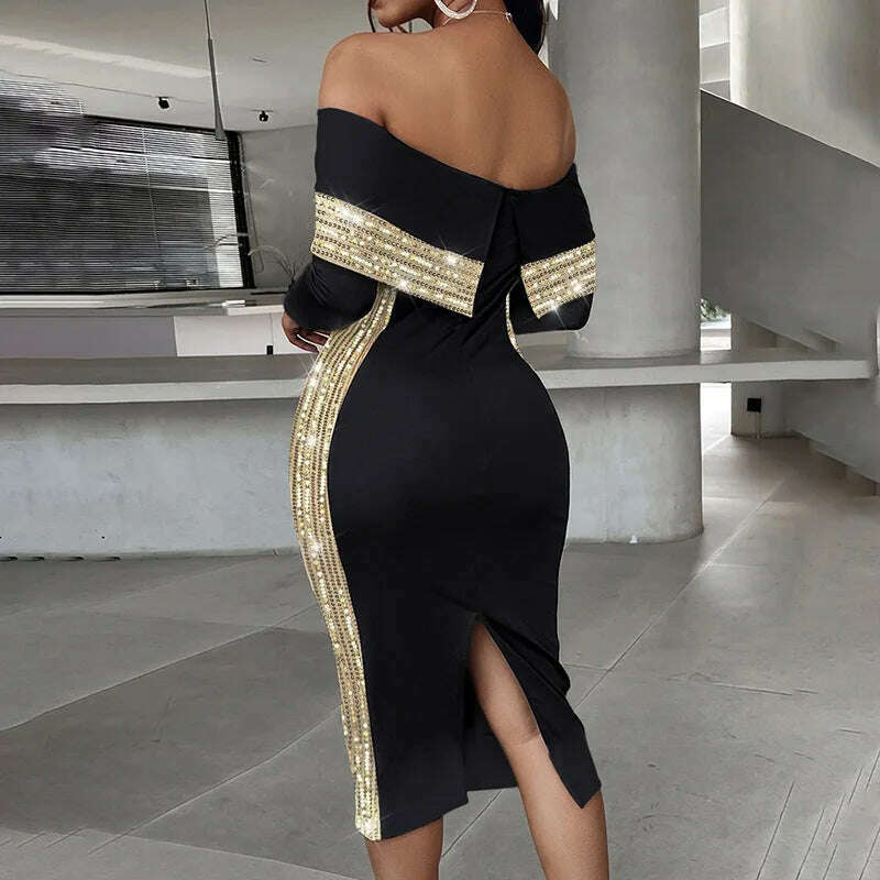KIMLUD, Hawthaw Women 2024 Spring Autumn Long Sleeve Party Club Evening Streetwear Black Midi Dress Wholesale Items For Business, KIMLUD Womens Clothes