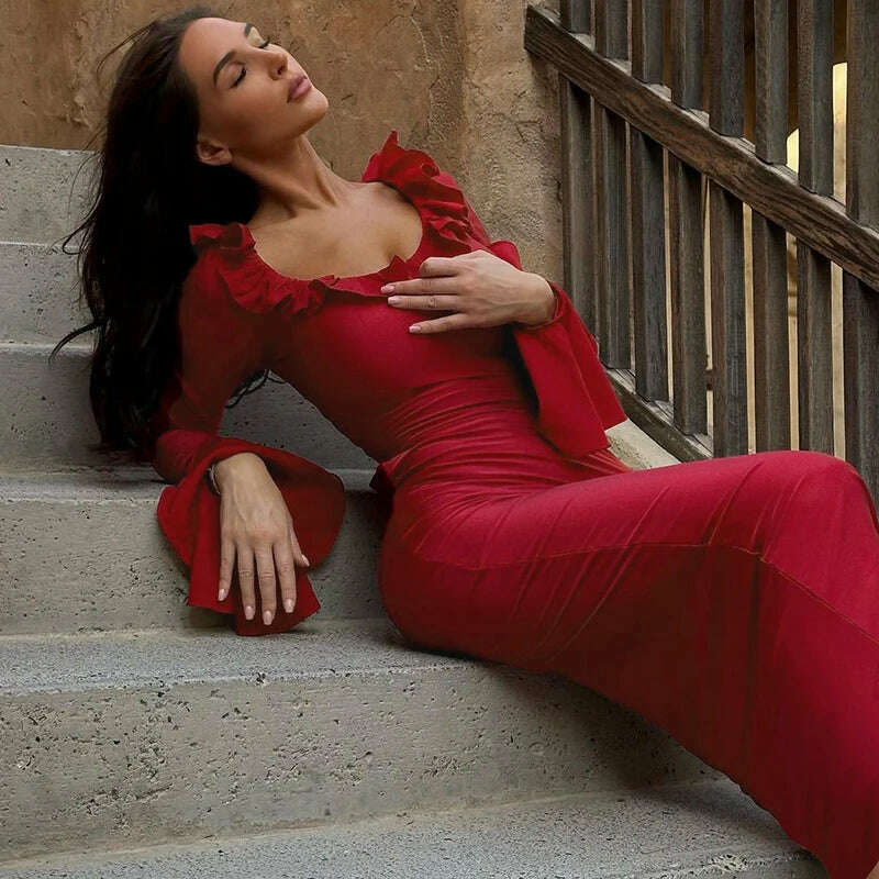 KIMLUD, Hawthaw Women 2024 Spring Autumn Long Sleeve Party Club Evening Streetwear Bodycon Red Long Dress Wholesale Items For Business, KIMLUD Womens Clothes