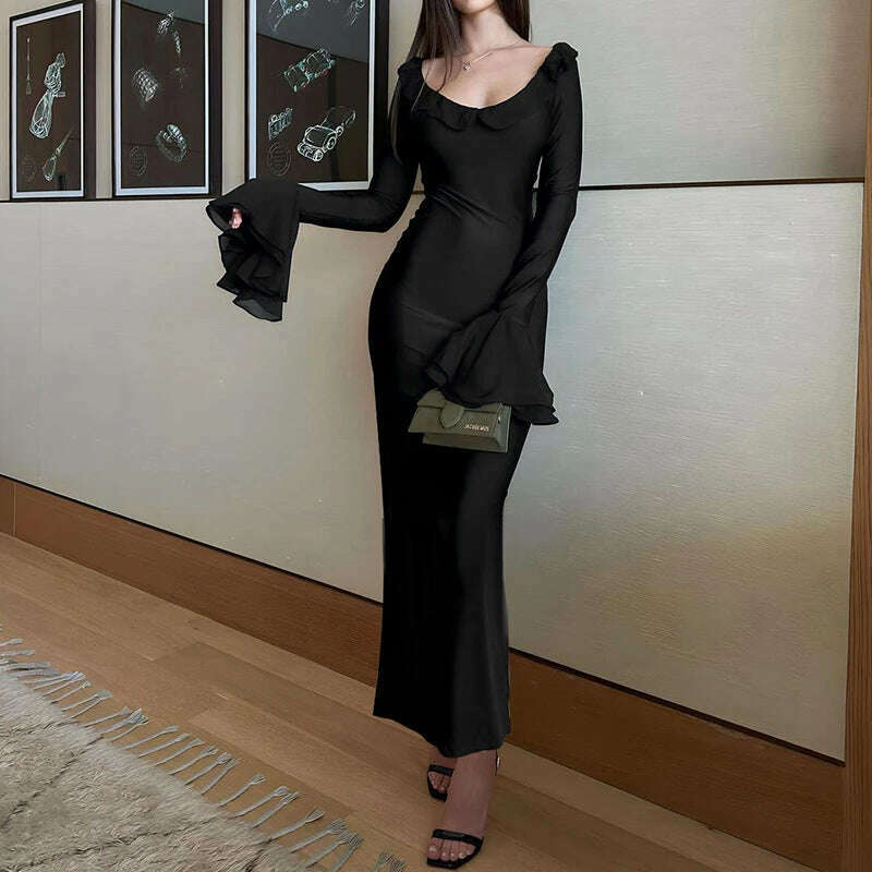 KIMLUD, Hawthaw Women 2024 Spring Autumn Long Sleeve Party Club Evening Streetwear Bodycon Red Long Dress Wholesale Items For Business, KIMLUD Womens Clothes