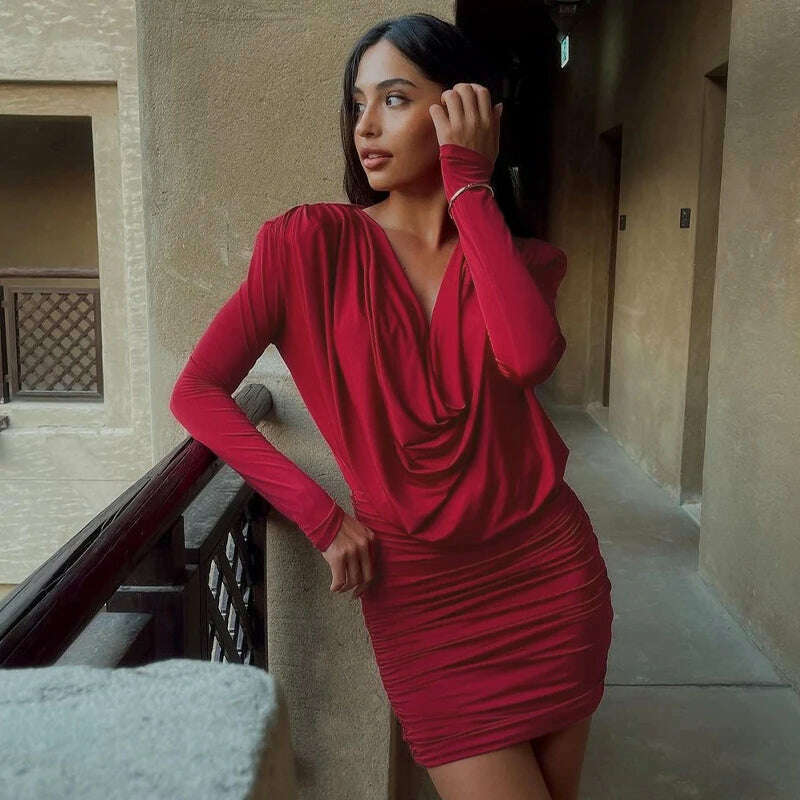 KIMLUD, Hawthaw Women 2024 Spring Autumn Long Sleeve Party Club Evening Streetwear Bodycon Red Mini Dress Wholesale Items For Business, KIMLUD Womens Clothes