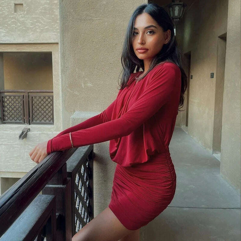 KIMLUD, Hawthaw Women 2024 Spring Autumn Long Sleeve Party Club Evening Streetwear Bodycon Red Mini Dress Wholesale Items For Business, KIMLUD Womens Clothes