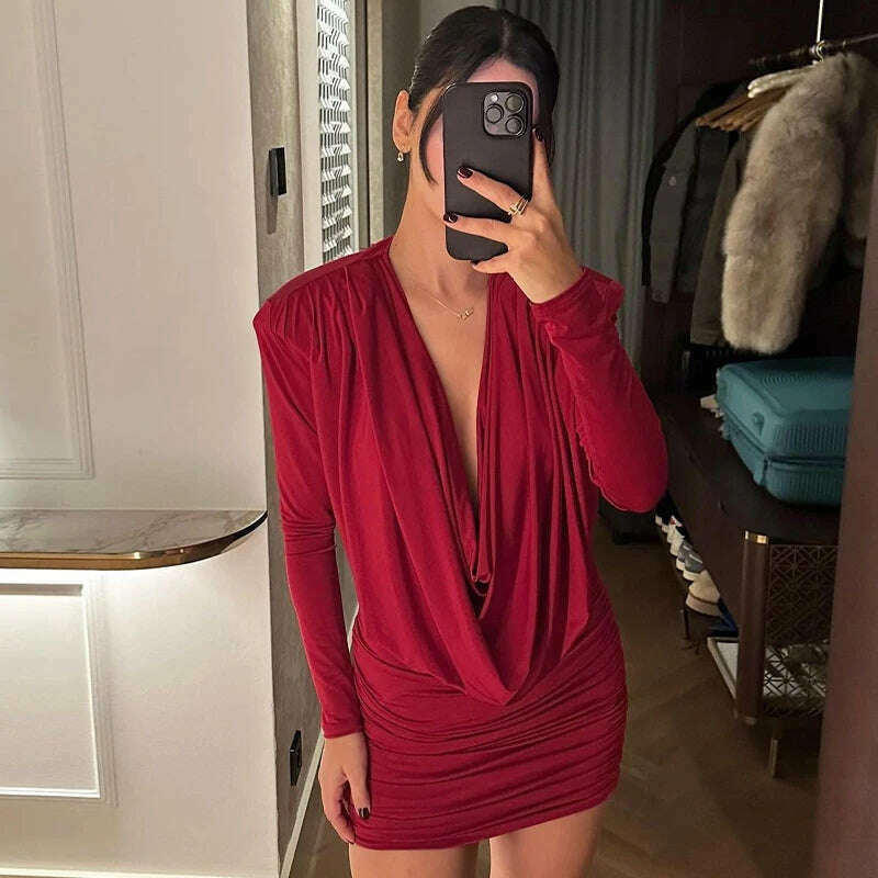 KIMLUD, Hawthaw Women 2024 Spring Autumn Long Sleeve Party Club Evening Streetwear Bodycon Red Mini Dress Wholesale Items For Business, KIMLUD Womens Clothes