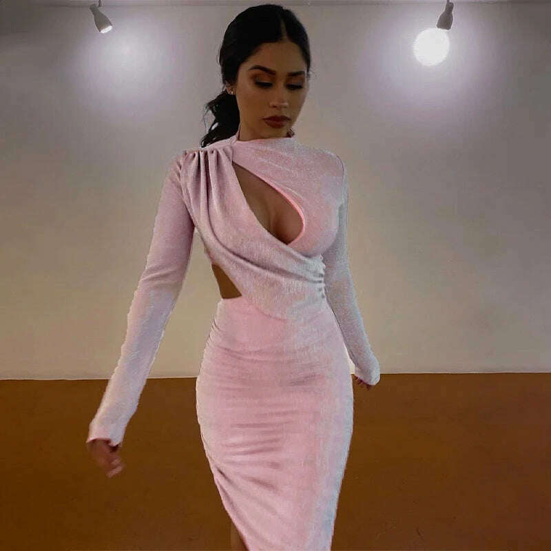 KIMLUD, Hawthaw Women Autumn Long Sleeve Bodycon Party Club Birthday Sexy Pink Midi Dress Streetwear 2021 Fall Clothes Wholesale Items, KIMLUD Womens Clothes