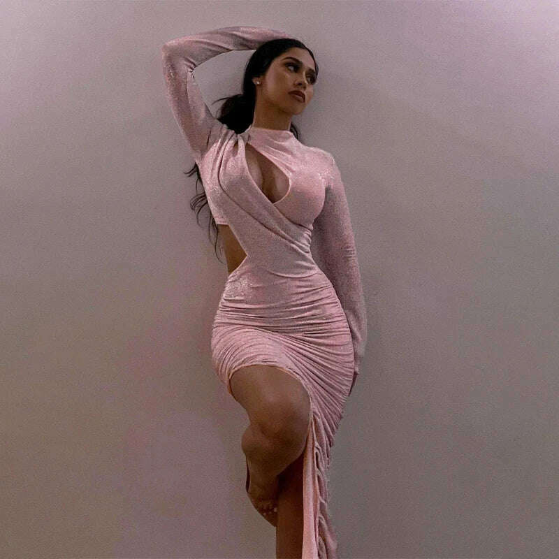 KIMLUD, Hawthaw Women Autumn Long Sleeve Bodycon Party Club Birthday Sexy Pink Midi Dress Streetwear 2021 Fall Clothes Wholesale Items, KIMLUD Womens Clothes