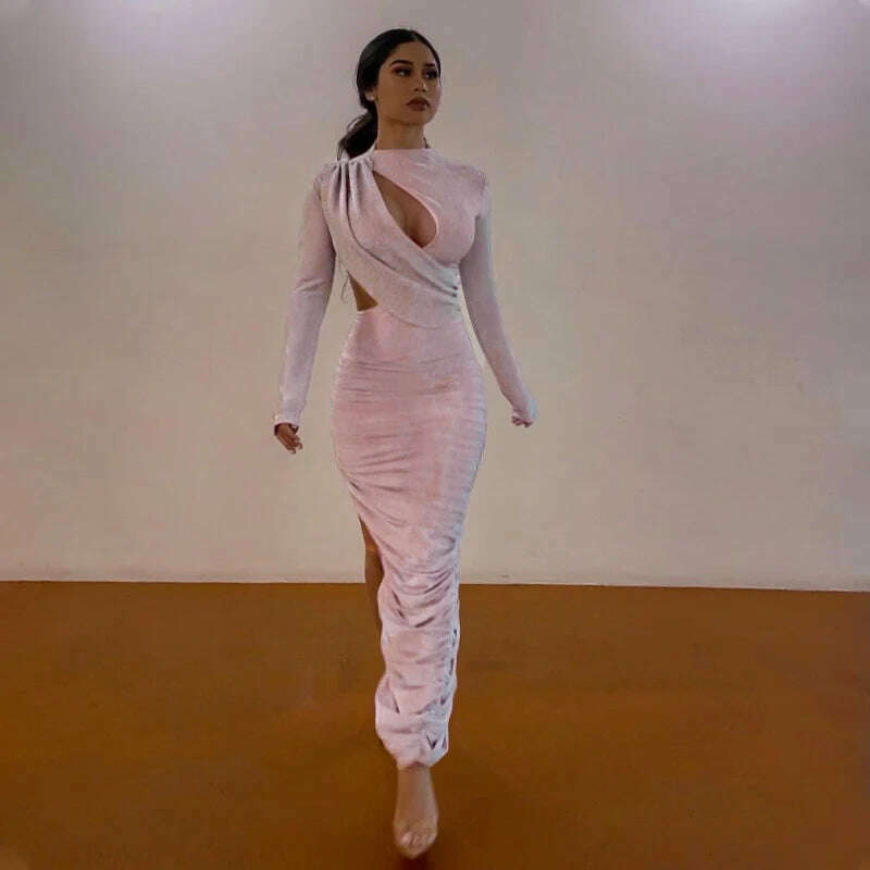 KIMLUD, Hawthaw Women Autumn Long Sleeve Bodycon Party Club Birthday Sexy Pink Midi Dress Streetwear 2021 Fall Clothes Wholesale Items, KIMLUD Womens Clothes