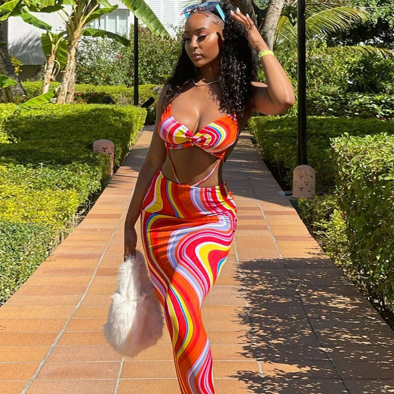 KIMLUD, Hawthaw Women Sleeveless V Neck Hollow Out Printed Bodycon Beach Vacation Backless Long Dress 2022 Summer Clothes Streetwear, KIMLUD Womens Clothes