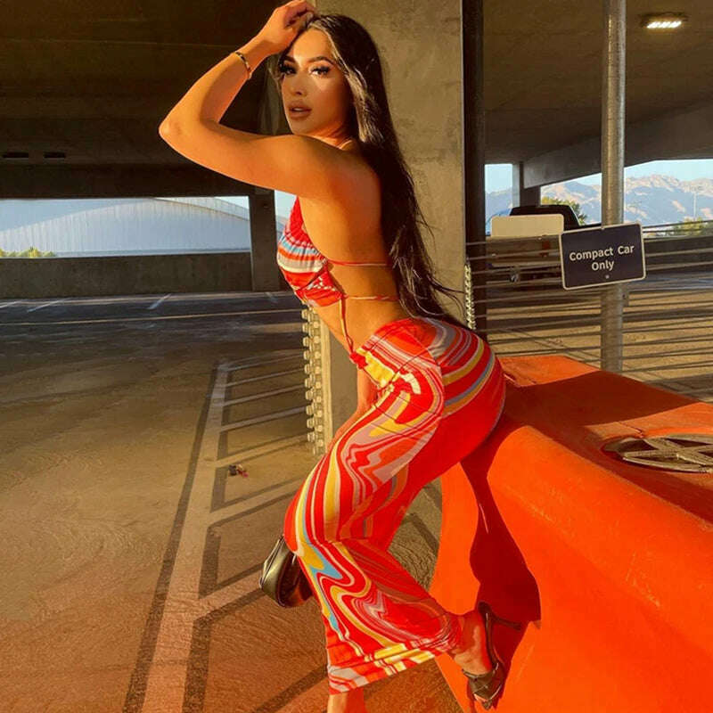 KIMLUD, Hawthaw Women Sleeveless V Neck Hollow Out Printed Bodycon Beach Vacation Backless Long Dress 2022 Summer Clothes Streetwear, KIMLUD Womens Clothes
