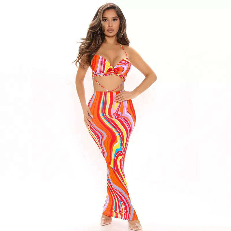 KIMLUD, Hawthaw Women Sleeveless V Neck Hollow Out Printed Bodycon Beach Vacation Backless Long Dress 2022 Summer Clothes Streetwear, KIMLUD Womens Clothes