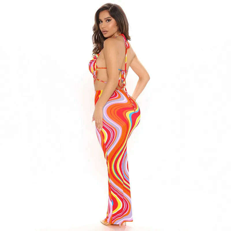 KIMLUD, Hawthaw Women Sleeveless V Neck Hollow Out Printed Bodycon Beach Vacation Backless Long Dress 2022 Summer Clothes Streetwear, KIMLUD Womens Clothes