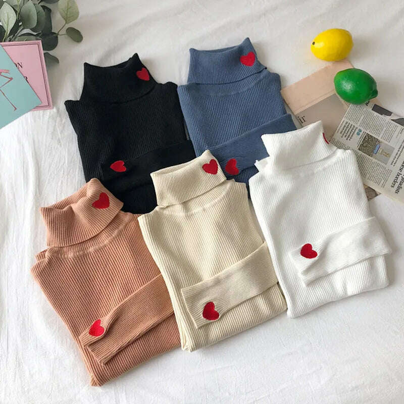 KIMLUD, Heart Embroidery Turtleneck Knitted Women Sweaters Ribbed Pullovers Autumn Winter Basic Sweater Female Soft Warm Tops, KIMLUD Women's Clothes