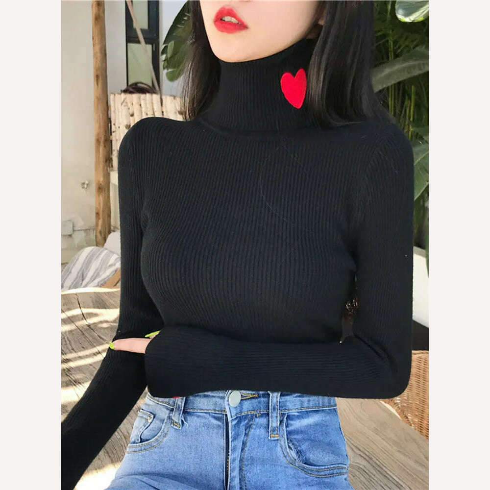 KIMLUD, Heart Embroidery Turtleneck Knitted Women Sweaters Ribbed Pullovers Autumn Winter Basic Sweater Female Soft Warm Tops, black / One Size, KIMLUD Womens Clothes
