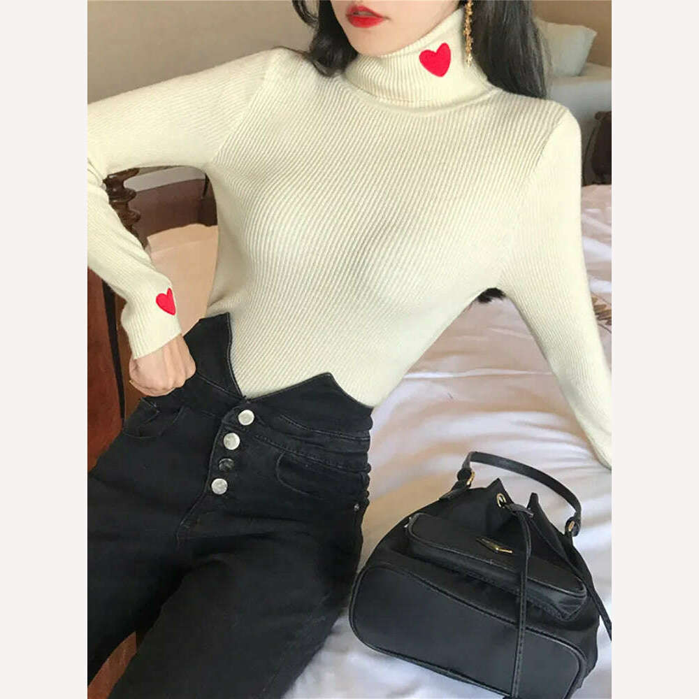 KIMLUD, Heart Embroidery Turtleneck Knitted Women Sweaters Ribbed Pullovers Autumn Winter Basic Sweater Female Soft Warm Tops, Beige / One Size, KIMLUD APPAREL - Womens Clothes