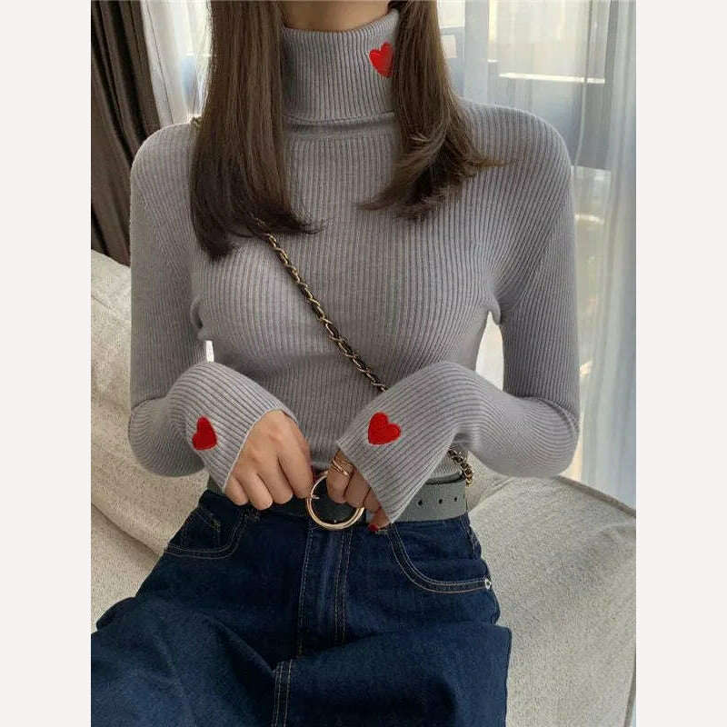 KIMLUD, Heart Embroidery Turtleneck Knitted Women Sweaters Ribbed Pullovers Autumn Winter Basic Sweater Female Soft Warm Tops, GRAY / One Size, KIMLUD APPAREL - Womens Clothes
