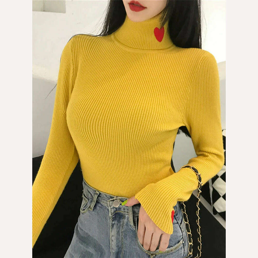 KIMLUD, Heart Embroidery Turtleneck Knitted Women Sweaters Ribbed Pullovers Autumn Winter Basic Sweater Female Soft Warm Tops, Yellow / One Size, KIMLUD Womens Clothes