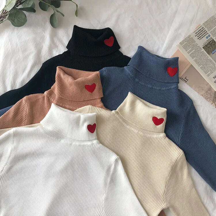 KIMLUD, Heart Embroidery Turtleneck Knitted Women Sweaters Ribbed Pullovers Autumn Winter Basic Sweater Female Soft Warm Tops, KIMLUD Womens Clothes