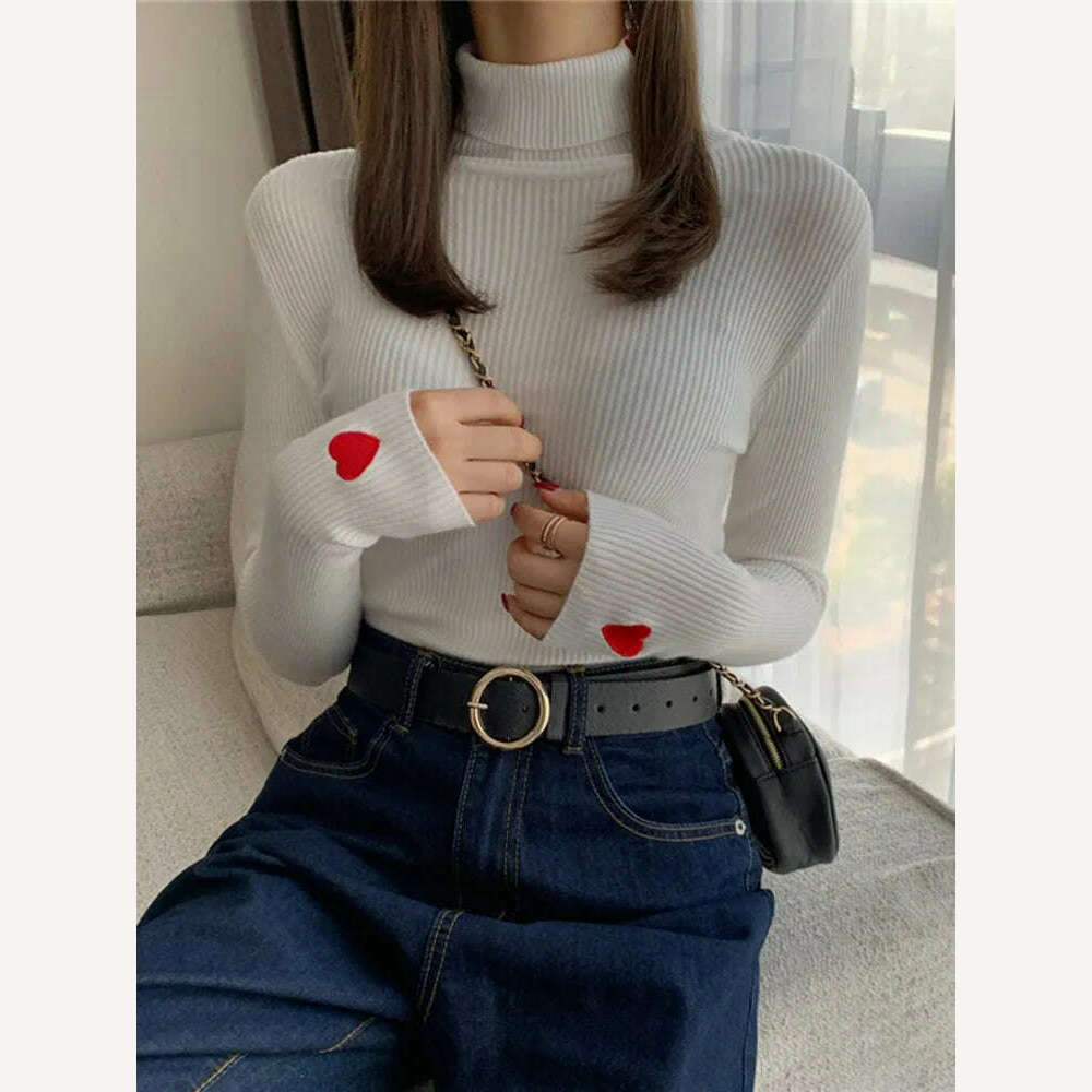 KIMLUD, Heart Embroidery Turtleneck Knitted Women Sweaters Ribbed Pullovers Autumn Winter Basic Sweater Female Soft Warm Tops, KIMLUD Womens Clothes