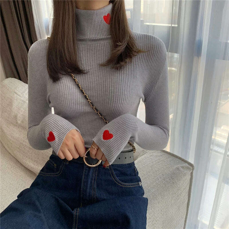 KIMLUD, Heart Embroidery Turtleneck Knitted Women Sweaters Ribbed Pullovers Autumn Winter Basic Sweater Female Soft Warm Tops, KIMLUD Womens Clothes