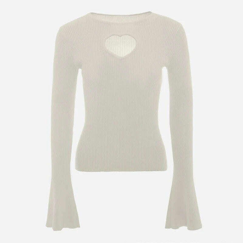 KIMLUD, Heart Hollow Out Cropped Sweaters For Women 2023 O-Neck Flare Sleeve Red Jumper Sweater Autumn Winter Long Sleeve Knitted Top, KIMLUD Womens Clothes