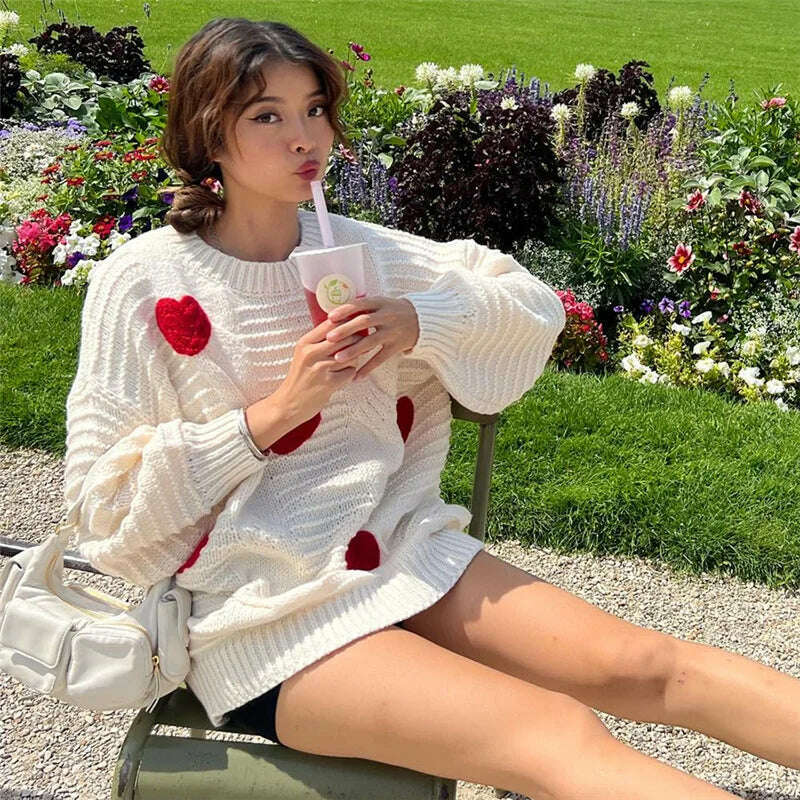 KIMLUD, Heart Pattern Oversize Sweater Woman O-Neck Lantern Sleeve Pullover Sweater Twist Knitted White Jumper Autumn Winter Sweatshirt, KIMLUD Womens Clothes