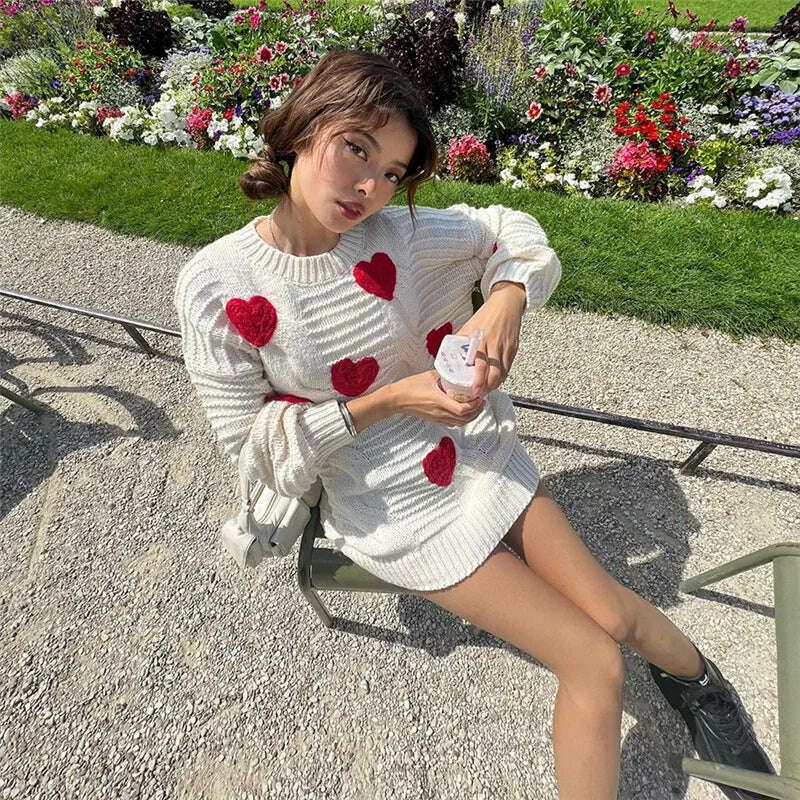 KIMLUD, Heart Pattern Oversize Sweater Woman O-Neck Lantern Sleeve Pullover Sweater Twist Knitted White Jumper Autumn Winter Sweatshirt, KIMLUD Womens Clothes