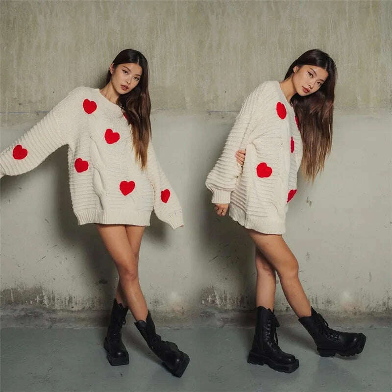 KIMLUD, Heart Pattern Oversize Sweater Woman O-Neck Lantern Sleeve Pullover Sweater Twist Knitted White Jumper Autumn Winter Sweatshirt, KIMLUD Womens Clothes