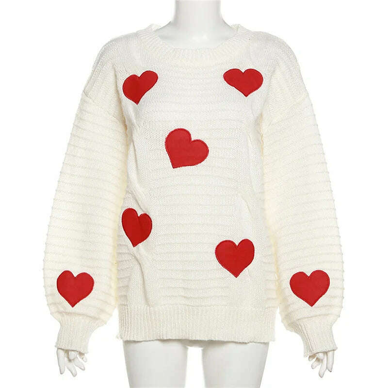 KIMLUD, Heart Pattern Oversize Sweater Woman O-Neck Lantern Sleeve Pullover Sweater Twist Knitted White Jumper Autumn Winter Sweatshirt, WHITE / S, KIMLUD APPAREL - Womens Clothes